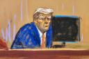 In this courtroom sketch, former US president Donald Trump turns to face the audience at the beginning of his trial over charges that he falsified business records to conceal money paid to silence porn star Stormy Daniels in 2016, in Manhattan state