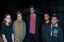 RSC actor Bally Gill (Romeo) with Notre Dame High School students Darragh Bush, Maia Deklu, Jenifer Tavares and Dominion Iwo Credit: Norwich Theatre Royal