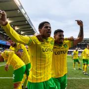 Gabby Sara and Onel Hernandez celebrate Norwich City's winner in a 3-2 Championship victory at Millwall
