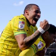 Onel Hernandez and Gabby Sara celebrate Norwich City's second goal in a 2-0 Championship win at Blackburn
