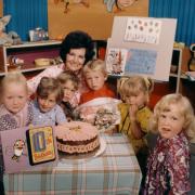 Miss Rosalyn and the young guests celebrate the 10th anniversary of Romper Room 50 years ago