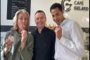 Café Gelato owner Alessandro Glorio (middle) met Emma Thompson and Daryl McCormack as they shot a new film in Norwich.