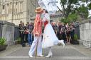 Kerrie and Emilie Knight-Smith wearing Bert and Mary Poppins outfits for their wedding