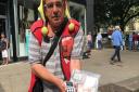 Big Issue seller Simon Gravell, 51, who is using a card reader after discovering fewer people are using money. Picture: SOPHIE WYLLIE