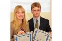 Rebecca Colman and Andrew Spinks with their certificates after being selected as the Norfolk Scholars to attend the Oxford Farming Conference, in a competition run by Bidwells and the RNAA. Picture: Denise Bradley