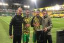 Norwich City players Sam McCallum, centre left, and Gabriel Sara, pictured with drummer Harley Gee and his brother John