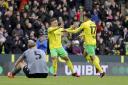 Gabby Sara celebrates putting Norwich City in front in a 2-0 Championship win against Cardiff City