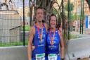 Ross Lenton (Sarah's husband) and Jane at the end of the European triathlon championships in Valencia in 2021