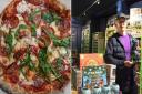 (L-R) A pizza from Slice on the Lanes and Jonathan Storey inside Cosmic Jo's Galactic Trading Outpost Picture: Sonya Duncan/Denise Bradley