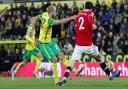 Teemu Pukki unleashes a shot during Norwich City's narrow home defeat to Manchester United recently