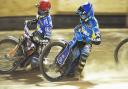 Niels-Kristian Iversen and (blue) Lewis Kerr in action at the Adrian Flux Arena
