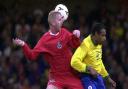 Iwan Roberts on international duty for Wales, against Brazil, in 2000