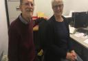 Chatterbox volunteer Frances Pearce with chairman David Potten. Volunteers are recording a podcast from their own homes to ensure visually impaired people can still listen to news. Picture: Bethany Wales