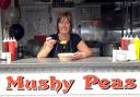 Anita Adcock at The Mushy Peas Stall in Norwich Market in 2009 celebrating its 60th birthday