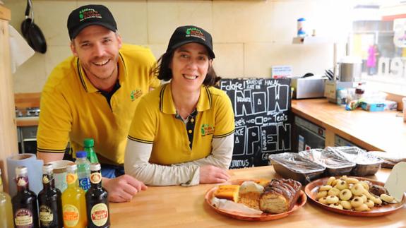 Norwich Evening News: Ruth and Julian Kitcher in their Jerusalem street food eatery called Ruth's Kitchen in Magdalen Street. Picture: DENISE BRADLEY Norwich Evening News: Ruth and Julian Kitcher in their Jerusalem street food eatery called Ruth's Kitchen in Magdalen Street. Picture: DENISE BRADLEY