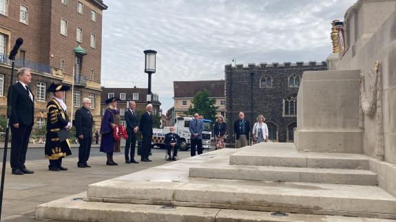Norwich Evening News: Members of Norwich City Council and the Royal Air Force Association at Norwich War Memorial in marking 82 years since the Battle of Britain Norwich Evening News: Members of Norwich City Council and the Royal Air Force Association at Norwich War Memorial in marking 82 years since the Battle of Britain