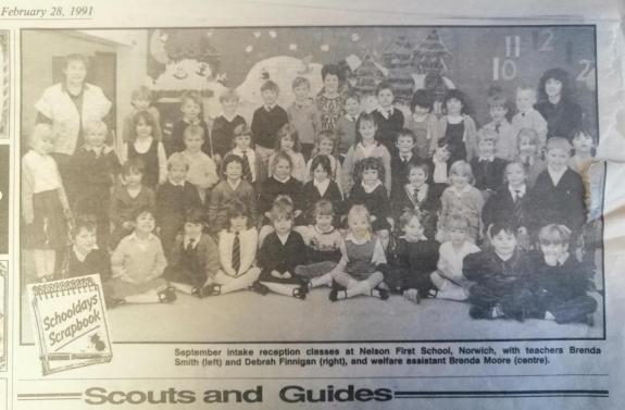 Norwich Evening News: Brenda, pictured left, with pupils at Nelson Infant School in 1991 Norwich Evening News: Brenda, pictured left, with pupils at Nelson Infant School in 1991