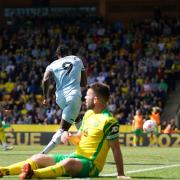 West Ham United's Michail Antonio scores his side's second goal of their Premier League game against Norwich CIty.