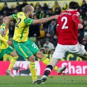 Teemu Pukki unleashes a shot during Norwich City's narrow home defeat to Manchester United recently