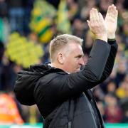 Dean Smith applauds the Carrow Road faithful ahead of his first game as head coach of Norwich City last month
