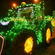 A John Deere tractor lit up for Christmas at Ben Burgess, on Europa Way in Norwich