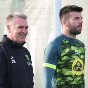 New Norwich City head coach Dean Smith alongside captain Grant Hanley at Colney on Thursday