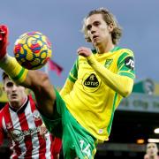 Todd Cantwell stretches to keep the ball in play during the first half of Norwich City's win over Southampton at Carrow Road