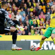 Teemu Pukki tries to chip Brighton keeper Robert Sanchez in Norwich City's 0-0 Premier League draw at Carrow Road