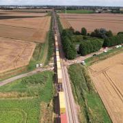 Photo of the crash scene after a freight train collided with a tractor between March and Whittlesey. The image was provided by Fenland Aerial Photography (Steve Oldfield)