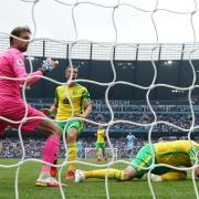 Norwich City goal keeper Tim Krul scores an own goal in the 5-0 Premier League defeat to Manchester City