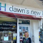 Lorraine Curston, founder of Dawn's New Horizon domestic abuse support group, outside its charity shop on Cannerby Lane, Sprowston, in April 2021.