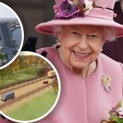 Queen Elizabeth II and (inset) the Great Yarmouth river crossing and Long Stratton bypass
