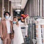 Lucia Thompson and Dr Amit Bhaduri on their legal lockdown wedding at County Hall in Norwich in September 2020