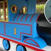 A model of Thomas the Tank Engine is being restored at Wymondham Railway Station, Inset: Chairman of The Shed, Andrew Clarke
