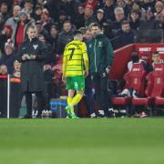 Borja Sainz of Norwich City receives a straight red card from  referee Robert Madley during the Championship match at Middlesbrough last Wednesday