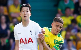 Max Aarons tussles with Son Heung-Min in Norwich City's 5-0 Premier League defeat to Tottenham