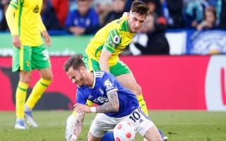 Billy Gilmour tussles with James Maddison in Norwich City's 3-0 Premier League defeat at Leicester City