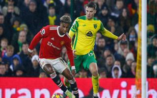 Jacob Sorensen tracks Manchester United's striker Marcus Rashford during Norwich City's defeat